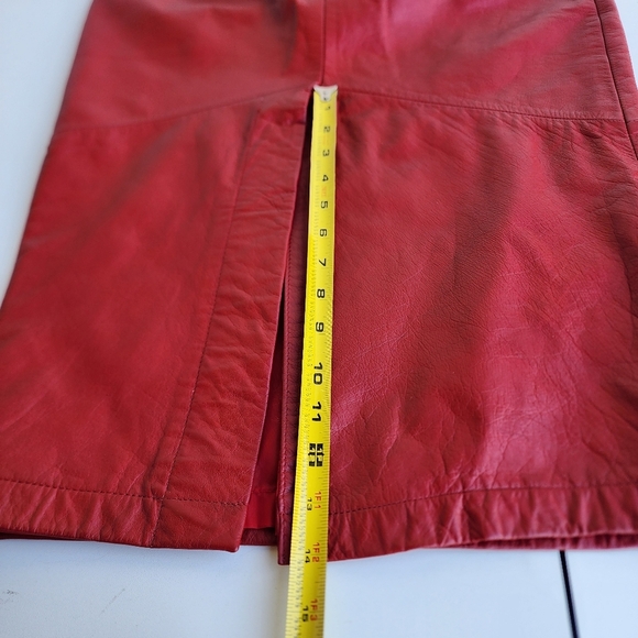 Red Genuine Leather Midi Skirt - Picture 7 of 11